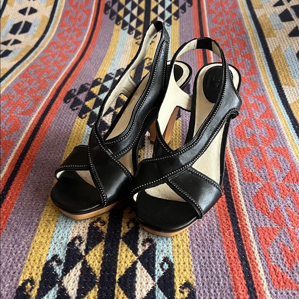 Frye “Gerry” size 9 with Metal Beads, Wooden High Heel Sandals - Picture 2 of 9